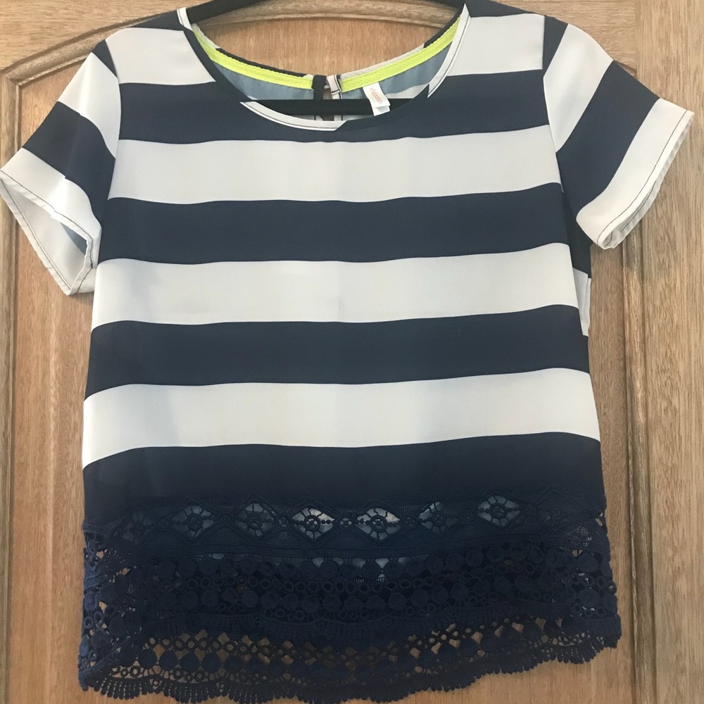 Blue/white striped shirt with embroidered detail